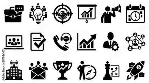 Comprehensive collection of business and project management icons featuring team collaboration, strategic planning, marketing growth, and corporate success symbols in a professional vector set.