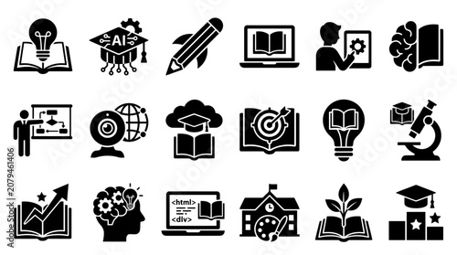 Fotografi Comprehensive collection of black and white hybrid education icons representing digital learning, online schooling, academic research, and modern classroom technology for students and teachers