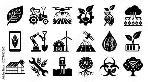Cuadro en lienzo Innovative agricultural technology and smart farming icons featuring robotic systems, AI integration, sustainable energy, and advanced crop monitoring for modern efficient food production