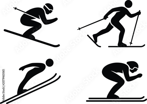 Skiing silhouettes depict alpine skiers in various dynamic poses against a white background skier snow sports winter ski skis poles silhouette black