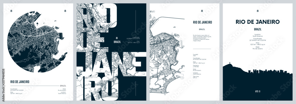 Obraz premium Set of travel posters with Rio de Janeiro, detailed urban street plan city map, Silhouette city skyline, vector artwork