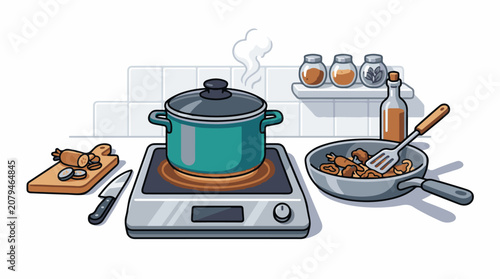A pixel art kitchen scene with cooking action