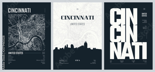 Silhouette city skyline artwork, Detailed urban street plan city map Cincinnati the most populous city in Hamilton County, Ohio, United States, Vector set of travel posters, kit 2
