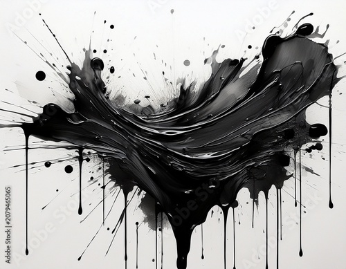 black ink splatter and drip on white background