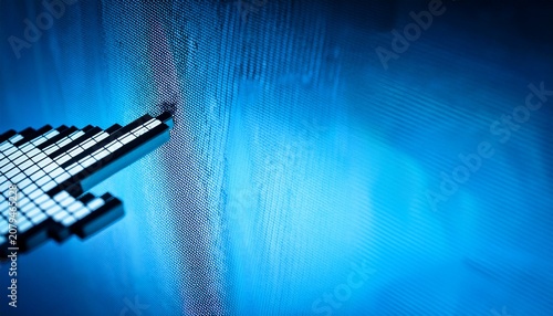 macro photograph of a computer monitor displaying a hand pointer cursor on a light blue background with visible pixel grid