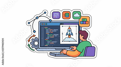 Person coding on a laptop rocket design displayed