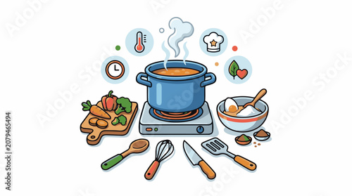 A colorful illustration of ingredients utensils and cooking elements
