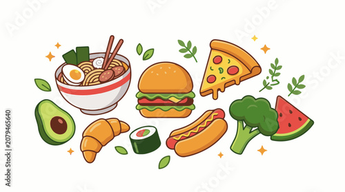 Assorted cartoon food items including ramen burger pizza hot dog sushi avocado croissant broccoli