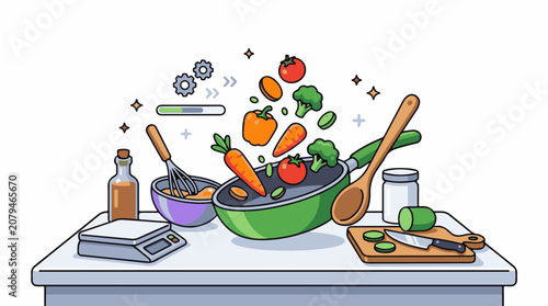 Cartoon illustration of cooking ingredients in a kitchen setting