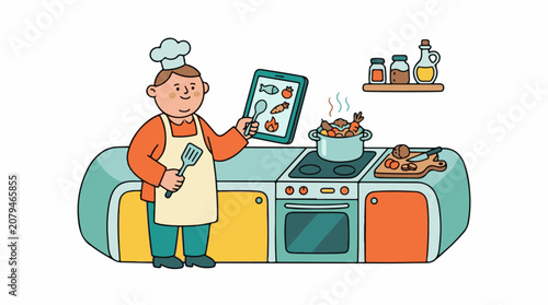 Cheerful cook consults tablet while preparing a meal on the stove