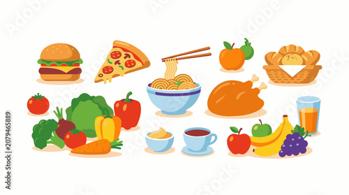 Assortment of delicious foods and fresh fruits for a hearty meal