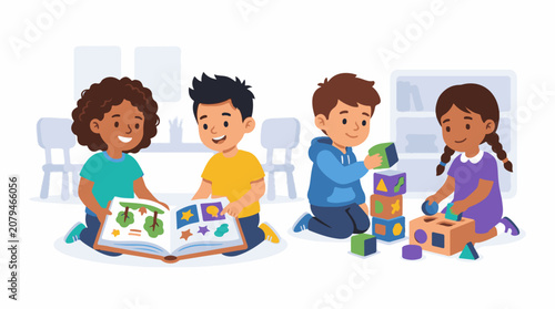 Diverse young children engaged in play with books and blocks
