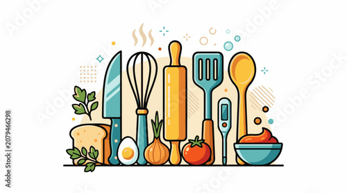 Assortment of colorful kitchen tools and ingredients arranged artistically