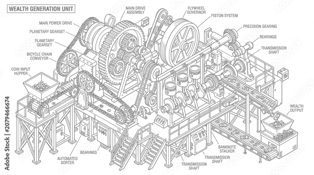 Obraz premium Detailed isometric technical drawing of a complex industrial wealth generation unit with gears and conveyor belts.