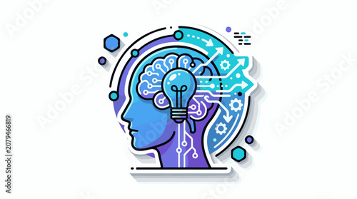 Stylized head with brain and glowing lightbulb abstract circuits