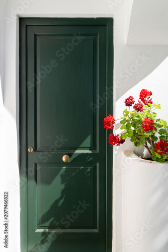 Green door with red geraniums on white Mediterranean wall, Italy