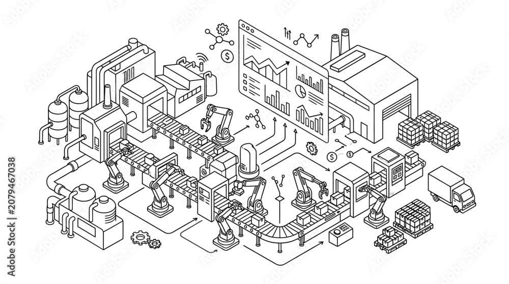 Obraz premium Isometric illustration of a smart factory with automated production lines and data analytics.