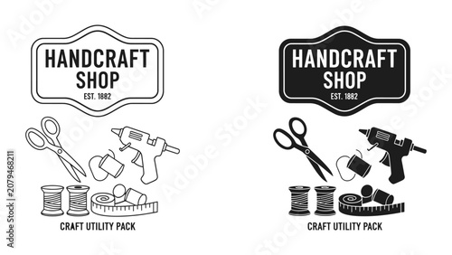 Photos black and white vector illustration of handcraft shop logo and craft utility pac