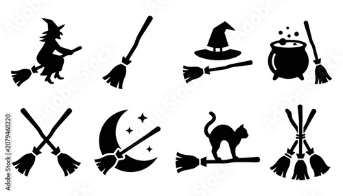 Foto Halloween witchcraft vector set broomsticks hats cauldrons cats isolated graphic
