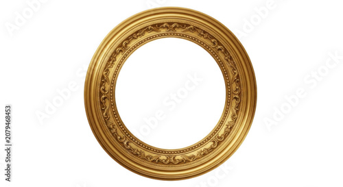 Ornate gilded circular frame with intricate decorative patterns during studio lighting isolated on transparent background