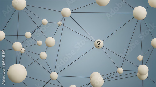 Abstract connection network composed of round white nodes and connecting lines on light blue background with single marked sphere showing question mark.