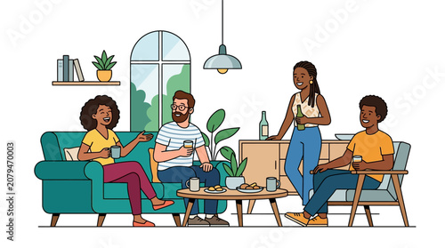 A diverse group of cheerful friends gathered within a cozy living room space converses happily while enjoying snacks and drinks during their relaxed afternoon social activity at their communal