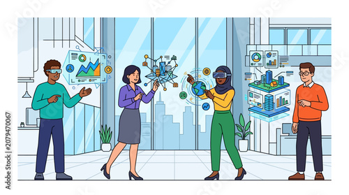 Diverse professionals gather inside a contemporary workspace to engage with interactive holographic interfaces while analyzing complex financial projections and global project management