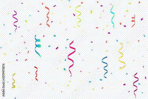 Colorful confetti and falling serpentine ribbon overlay on transparent background. Features magenta, red, yellow, lime and cyan ribbons with scattered confetti pieces.