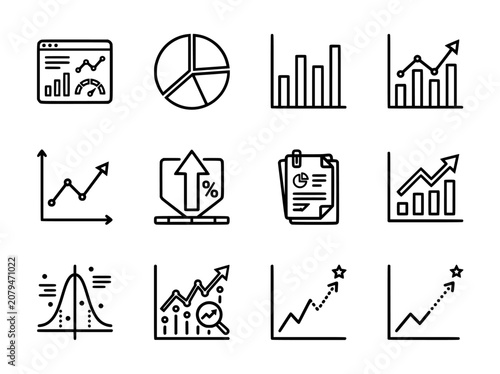 Charts and graphs illustrate financial data and growth trends with various icons featuring finance, business, analytics with statistics and bar elements for pie, line