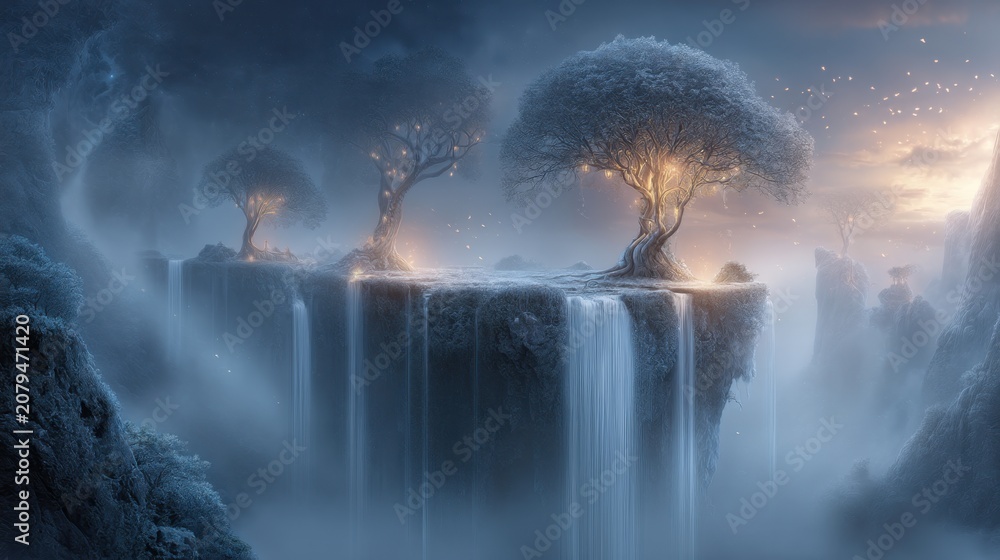 Fototapeta premium Enchanting Trees Suspended Above Waterfalls In A Surreal Dusk Landscape