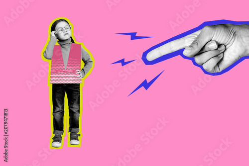Photos Child being pointed at by a large finger in a pop art collage about blame, accus