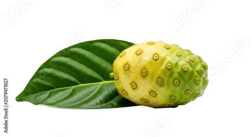 Exotic noni fruit with green leaf isolated on for healthy living transparent background