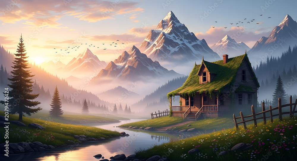 Fototapeta premium A Rustic Wooden Cabin Covered In Green Vines Sits Peacefully Beside A Calm Winding River Under Majestic Snowcapped Mountains During A Beautiful Golden Sunrise Morning