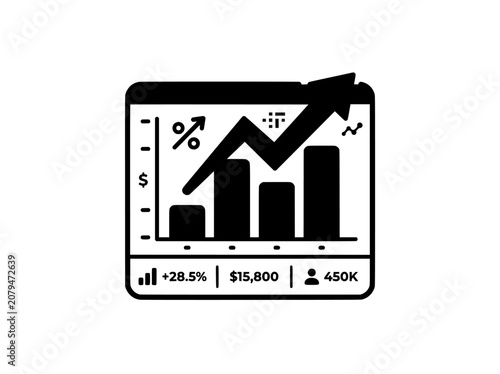Business chart icon with upward arrow, percent and currency symbols on a clipboard style financial analytics graphic background