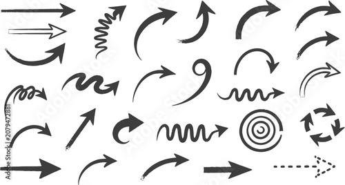 Collection of hand drawn black arrow shapes on a white background for design