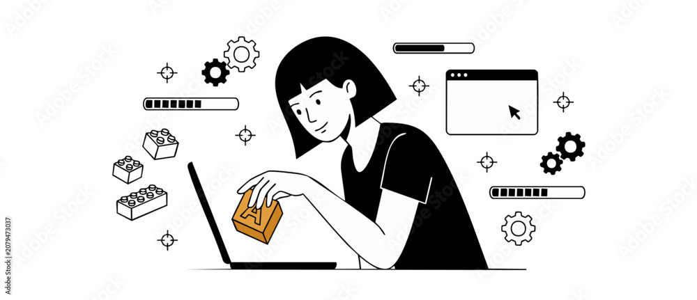 Obraz premium Woman developer building website interface on laptop computer, flat vector illustration featuring coding elements like gears, loading bars, and toy bricks for UI UX design concept and web development.