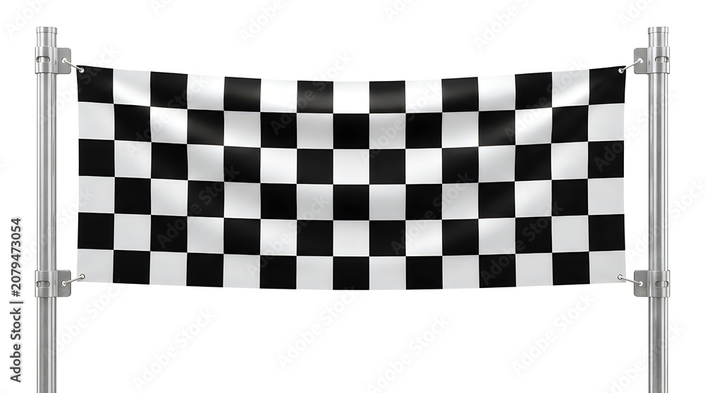 Obraz premium Wide checkered finish line banner stretched between two metal poles against white background isolated concept for sports races competitions and winners.