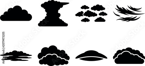 Tableau sur toile Black Silhouette Icons of Cloud Types Including Cumulus Cirrus Stratus Lenticula