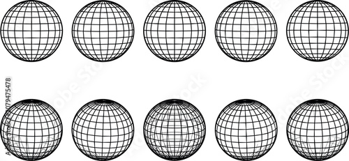 Global Wireframe Grid Sphere Icon Set with Latitude and Longitude Lines for Technology Networking Geography and 3D Graphic Design Vector Elements