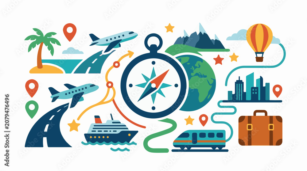 Fototapeta premium A colorful illustration of various travel-related icons and symbols (1)