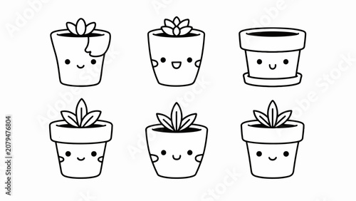 Cute Kawaii Succulent Plant Pots Collection, Hand-drawn Doodle Style
