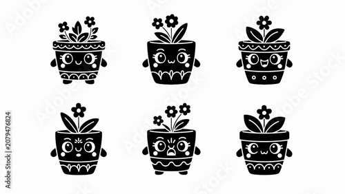 Cute Kawaii Potted Plants with Funny Faces, Black and White Vector Icons