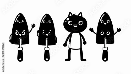 Cute cartoon shovels and cat characters with faces, waving hands, vector illustration