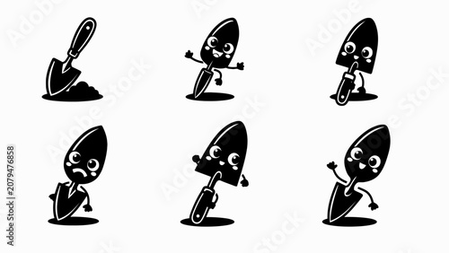 Cute Trowel Character Set: Happy, Sad, Excited, Dancing, Working Gardening Tools