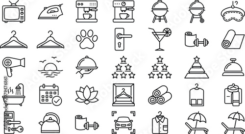 Schilderij op canvas Hotel service amenities luxury resort and vacation travel line icon vector set o