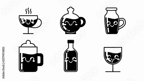 Cute Kawaii Drink Icons: Coffee, Juice, Wine, Milk, Cocktail, Hot Beverage