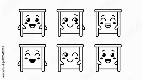 Cute Kawaii Table Characters Set with Different Emotions