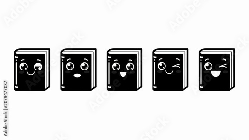 Cute Book Characters with Different Emotions, Kawaii Style, Vector Illustration