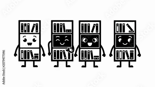 Cute Cartoon Bookshelves with Funny Faces - Vector Illustration