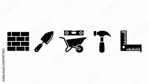 Construction Icons: Brick Wall, Trowel, Wheelbarrow, Hammer, Measuring Tool